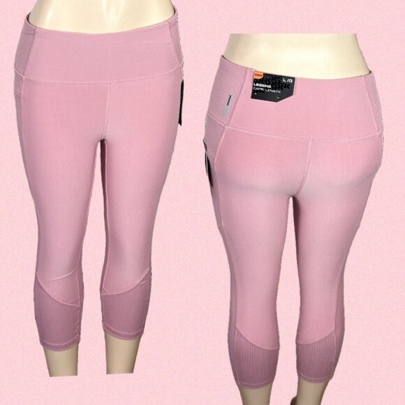 RBX L Pink Stretch Waist Wicking 4 Way Stretch Fold Cell Pockets Capri Leggings - Picture 1 of 7